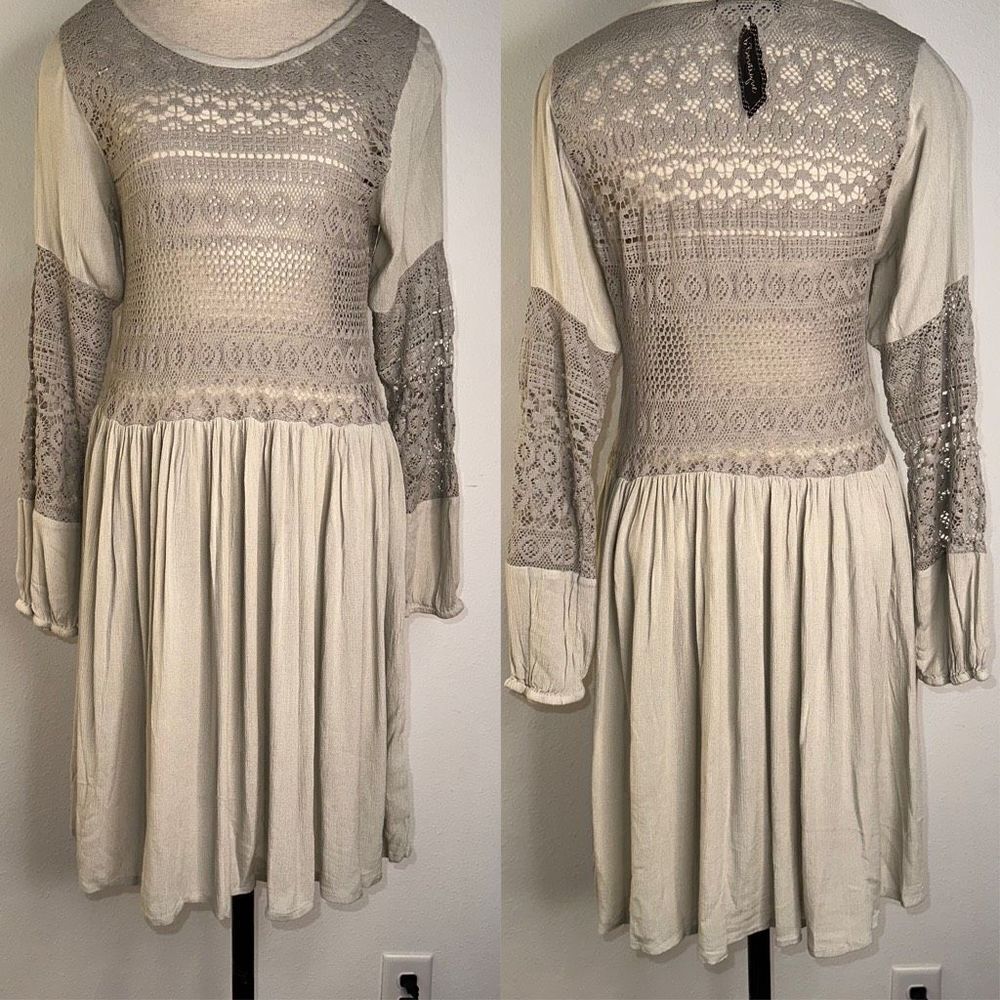 B. Boutique by Evergreen Womens S Boho Mixed Media Crochet Lace Longsleeve Dress